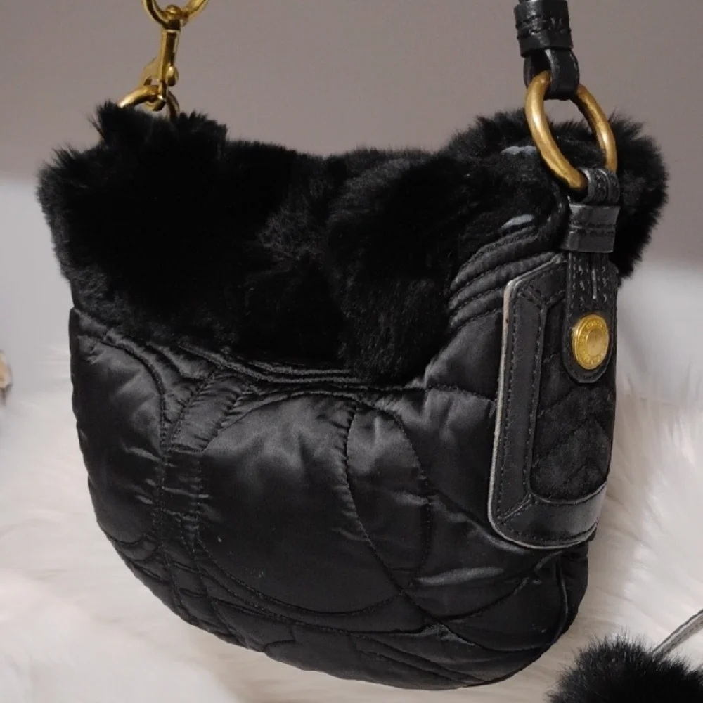 Coach Y2K Black Shoulder Bag W Rabbit Fur Trim & Matching Wallet/Wristlet Bundle